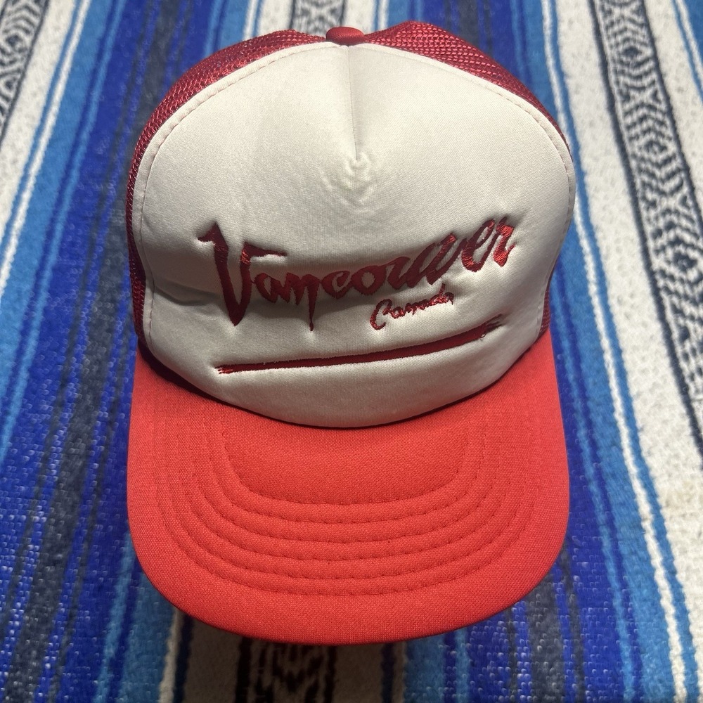 Vintage 80s 90s Vancouver Canada Trucker Hat Red White Mesh Snapback